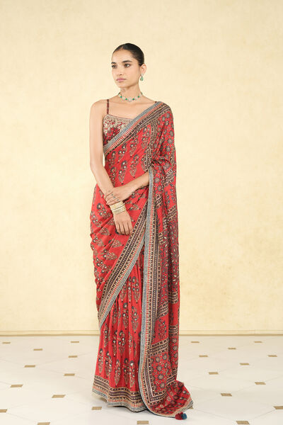 Saaj Ajrakh Hand-block Printed Silk Saree - Red